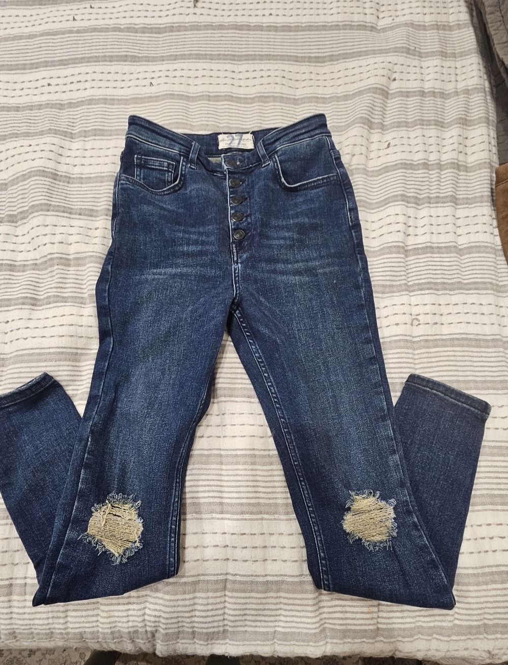 Free People Dark Blue Button-Fly Skinny Jeans with Knee Rips
